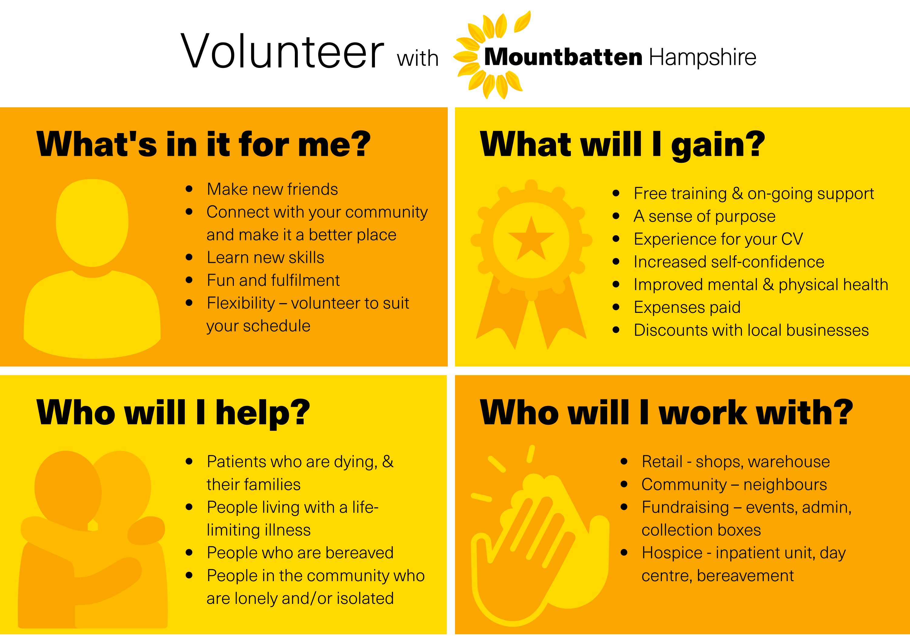 Volunteer with Mountbatten Hampshire. Whats in it for me? •	Make new friends  •	Connect with your community and make it a better place •	Learn new skills  •	Fun and fulfilment  •	Flexibility – volunteer to suit your schedule. What will I gain? •	Free